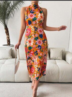 Sage + Paije Floral Halter Dress Size Large High Draped Neck Indie